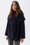 Nocturne Draped Coat With Front Tie Detail In Navy Blue