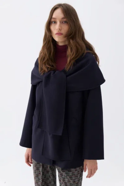 Nocturne Draped Coat With Front Tie Detail In Navy Blue