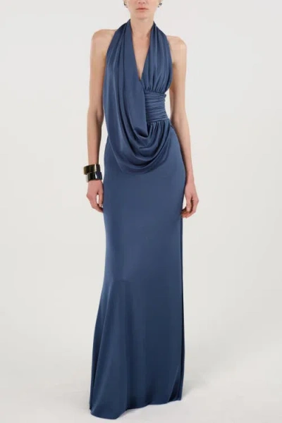 Nocturne Draped Halter Neck Maxi Dress In Blue