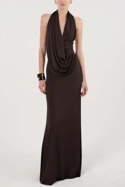 Nocturne Draped Halter Neck Maxi Dress In Brown