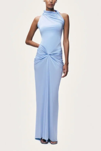 Nocturne Draped Halter Neck Ruched Maxi Dress In Blue