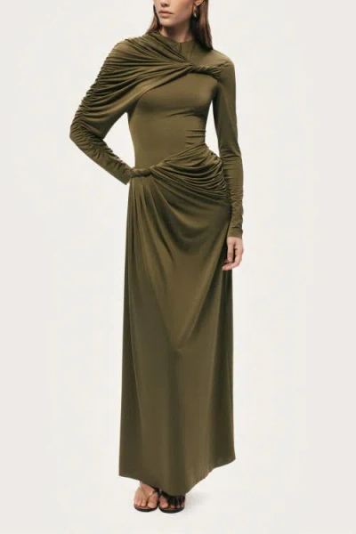 Nocturne Draped Long Sleeve Maxi Dress In Green