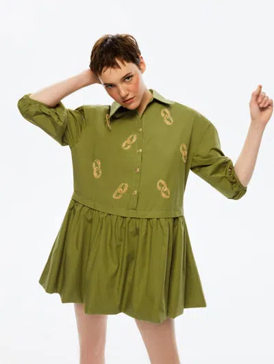 Nocturne Embroidered Balloon Sleeve Dress In Green