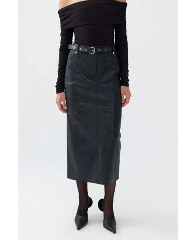 Nocturne Faux Leather Midi Skirt With Belt In Black