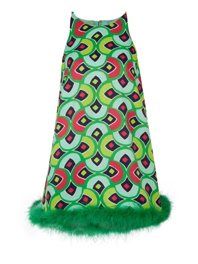 Nocturne Feather Boa Mini Dress In Green