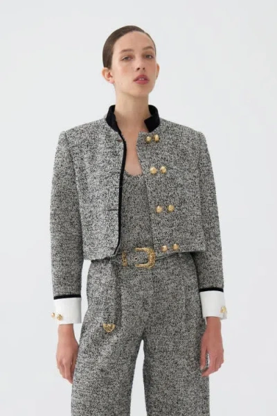 Nocturne Gold Button Detailed Crop Jacket In Grey