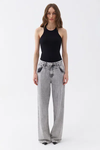 Nocturne Stone Embroidered Boyfriend Jeans In Light Grey