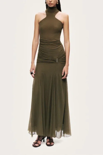 Nocturne Halter Neck Draped Maxi Dress In Green