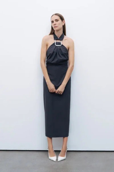 Nocturne Halter Neck Midi Dress In Anthracite