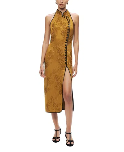 Nocturne High-neck Button-detail Midi Dress In Brown