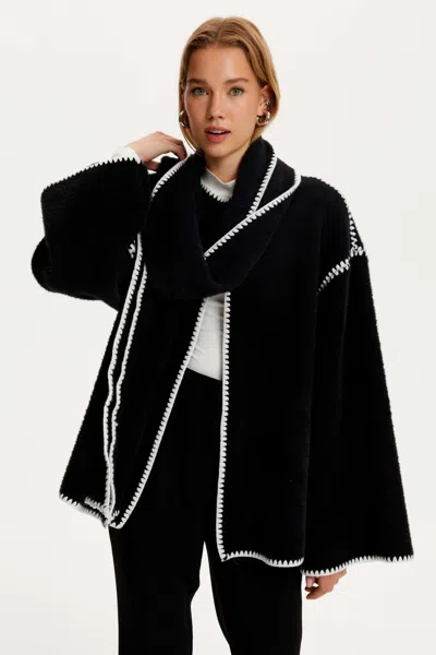 Nocturne Knit Cardigan With Removable Scarf In Black