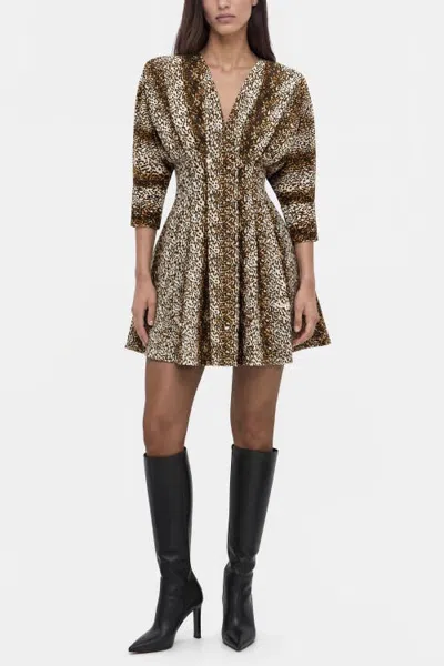 Nocturne Leopard Print Pleated Mini Dress In Brown