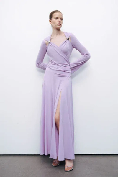 Nocturne Long Sleeve Maxi Dress With Accessory Detail In Lilac