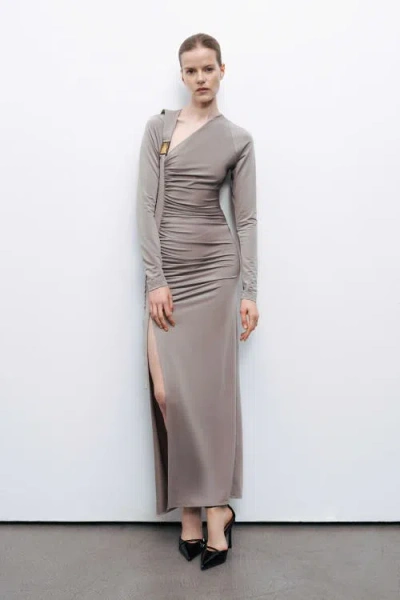 Nocturne Metal Buckle Detailed Maxi Dress In Khaki