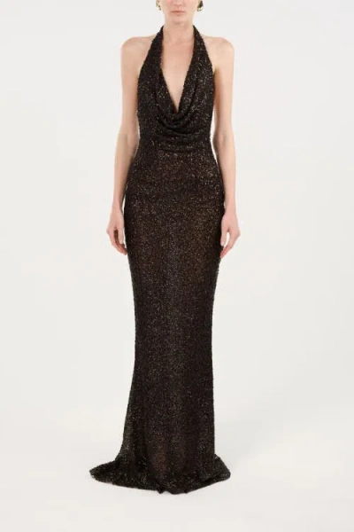 Nocturne Off-shoulder Sequin Embellished Maxi Dress In Brown