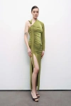 Nocturne One Sleeve Maxi Dress In Olive Green