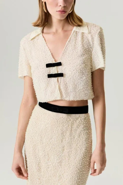 Nocturne Pearl Embellished Bow Crop Blouse In Neutral