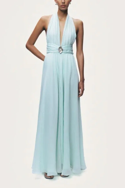 Nocturne Pleated Halterneck Maxi Dress With Brooch Detail In Blue