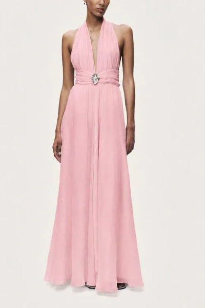Nocturne Pleated Halterneck Maxi Dress With Brooch Detail In Pink