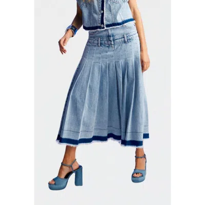 Nocturne Pleated Long Denim Skirt In Blue