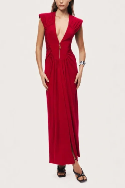 Nocturne Ruched Deep V-neck Maxi Dress In Red