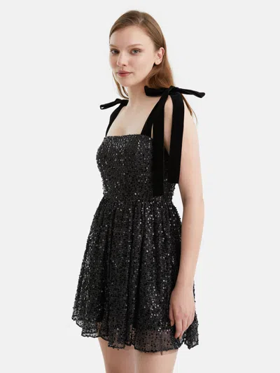 Nocturne Sequined Flowy Mini Dress In Black