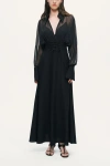 Nocturne Sheer Lace-up Waist Maxi Shirt Dress In Black