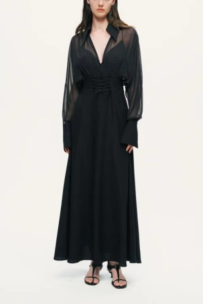 Nocturne Sheer Lace-up Waist Maxi Shirt Dress In Black