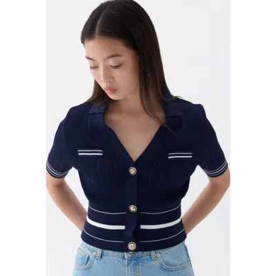 Nocturne Short Sleeve Buttoned Knit Cardigan In Navy Blue