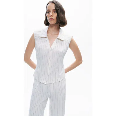 Nocturne Sleeveless Linen Blend Shirt With Shoulder Pads In White