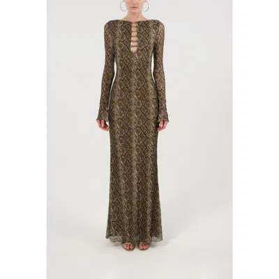 Nocturne Snake Print Ring Detail Long Sleeve Maxi Dress In Brown