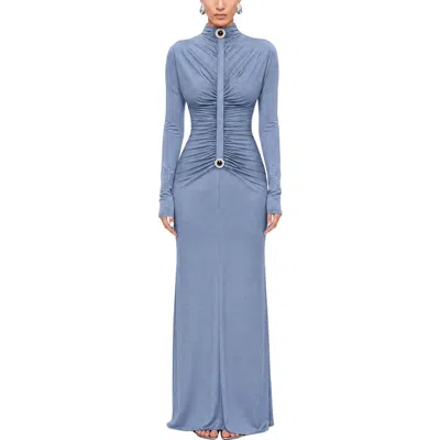 Nocturne Stone Detail Draped Maxi Dress In Blue
