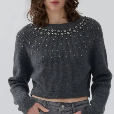 Nocturne Stone Embellished Crop Sweater In Deep Grey In Multi