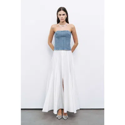 Nocturne Stoned Strapless Denim Crop Top In Indigo Blue
