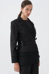 Shop Nocturne Striped Double Breasted Jacket With Belt Detail In Black