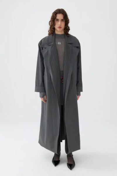 Nocturne Striped Double Breasted Trench Coat In Grey