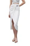 Nocturne Striped Linen Blend Midi Skirt With Metal Accessories In White