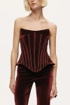 Nocturne Structured Velvet Strapless Bustier In Burgundy