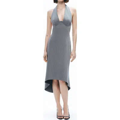 Nocturne Tie Neck Asymmetrical Midi Dress In Gray