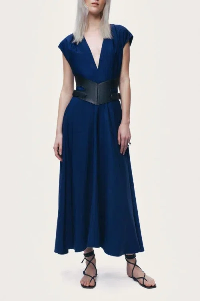 Nocturne V-neck Belted Midi Dress In Blue