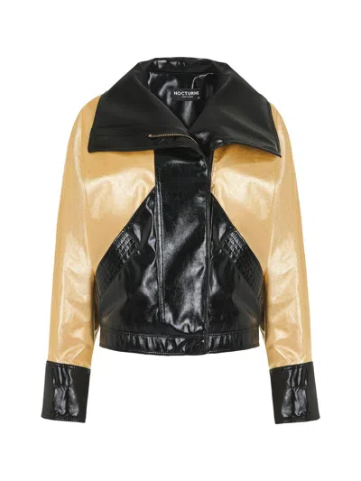 Nocturne Wide Collar Patent Faux Leather Jacket In Gold