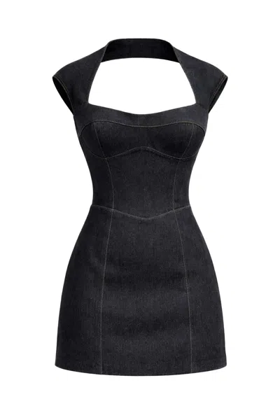 Nocturne Women's Black Backless Mini Denim Dress With Built-in Cup Detail