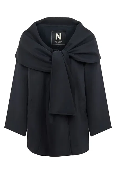 Nocturne Women's Black Draped Coat With Front Tie Detail