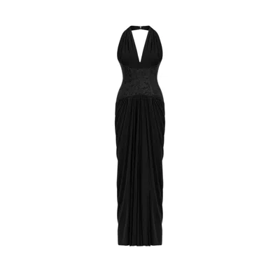Nocturne Women's Black Jacquard Halter Neck Maxi Dress