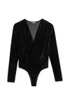 Nocturne Plunge V-neck Embellished Bodysuit In Black