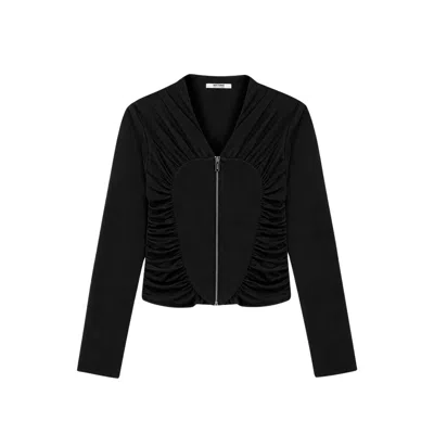 Nocturne Women's Black Ruffle Trim Zip Front Blouse