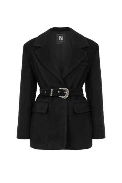 Nocturne Women's Black Self-belted Double Breasted Jacket