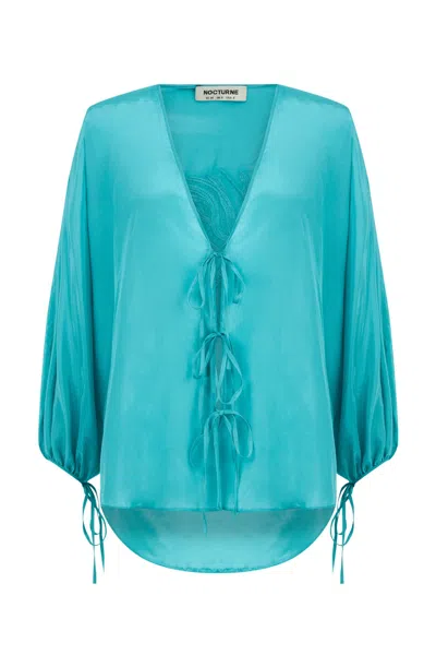 Nocturne Women's Blue Beaded Embroidered Shirt-turqoise