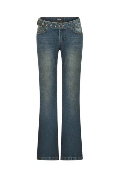 Nocturne Women's Blue Belted Denim Flare Trousers In Brown