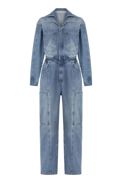 Nocturne Women's Blue Denim Cargo Jumpsuit - Indigo